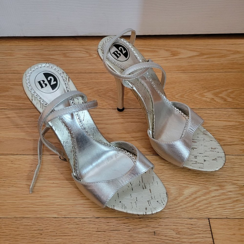 B2 Silver Strappy Open Toe Heels